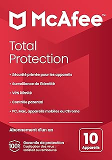 McAfee Total Protection 2024, 10 appareils|AV, VPN, Contrôle Parental, gestion des mots de passe, sécurité mobile et Internet|PC/Mac/iOS/Android|Abonnement 1 an|Code d
