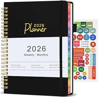Agenda 2026 Semainier A5, Agenda Scolaire 2026 - Couverture Rigide Spirale, Agenda Journalier avec Poche, Porte-stylo Clip et Autocollants, D